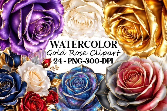 Download Watercolor Gold Rose Clipart PNG Bundle - Premium Resources