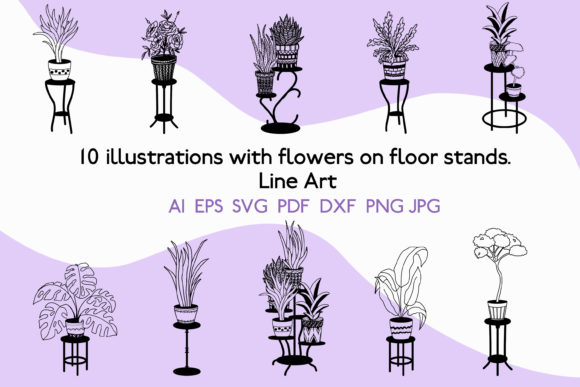 Download Potted Flowers on a Stand. Line Art - Potted Collection